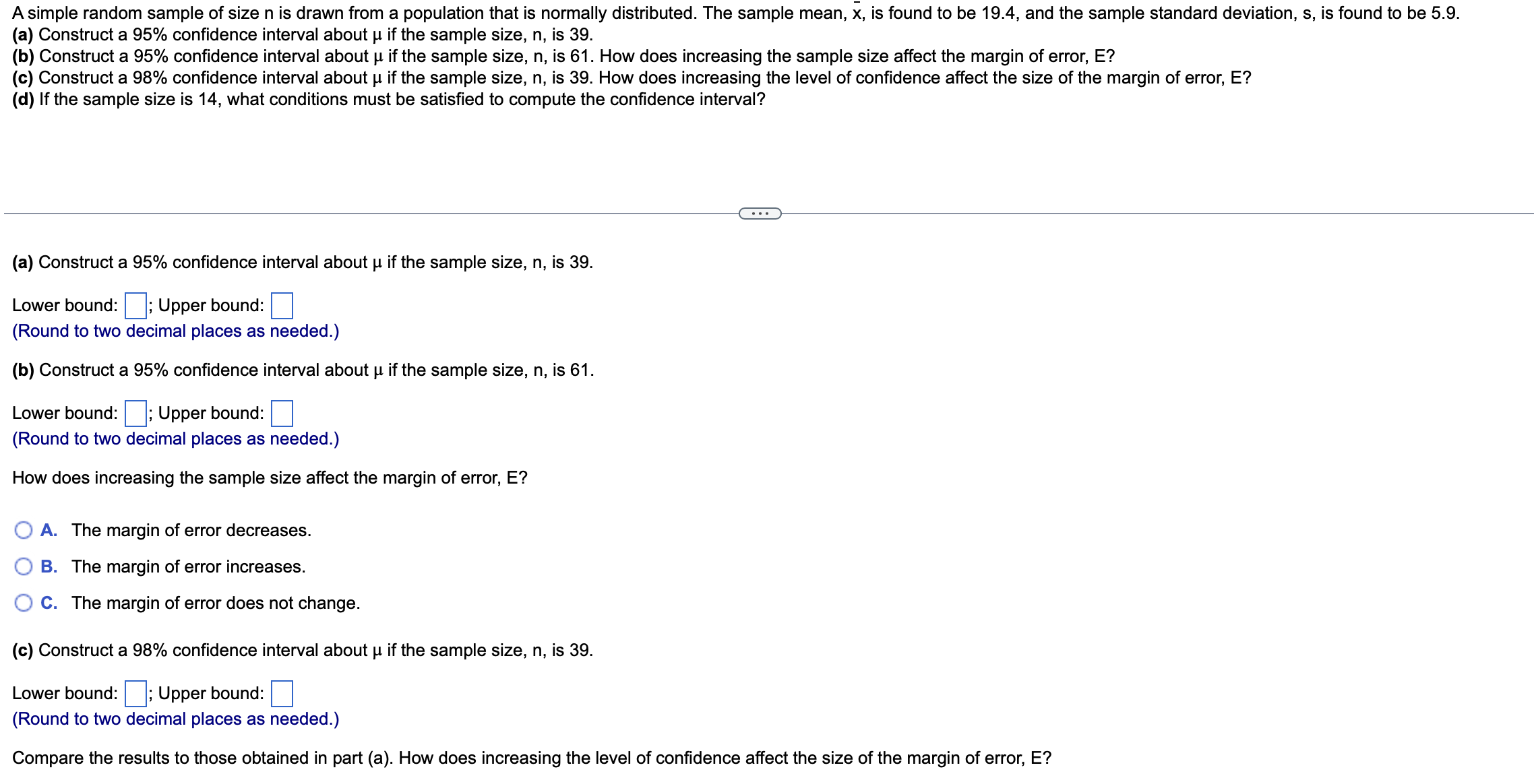 Solved (a) Construct a 95% confidence interval about μ if | Chegg.com