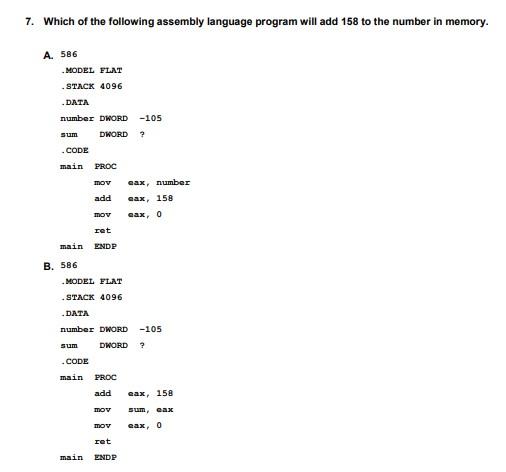 Solved 7. Which of the following assembly language program | Chegg.com