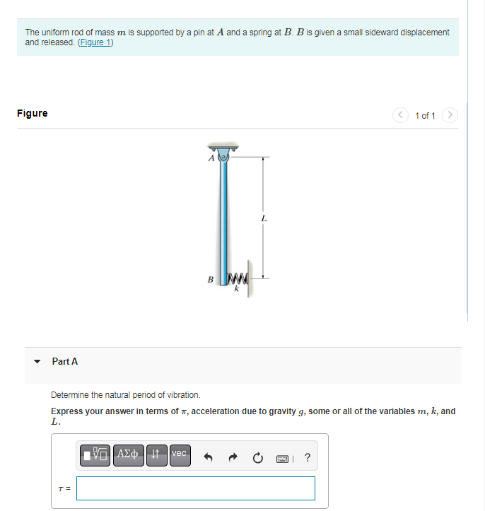 The uniform rod of mass \( m \) is supported by a pin at \( A \) and a spring at \( B \). \( B \) is given a small sideward d