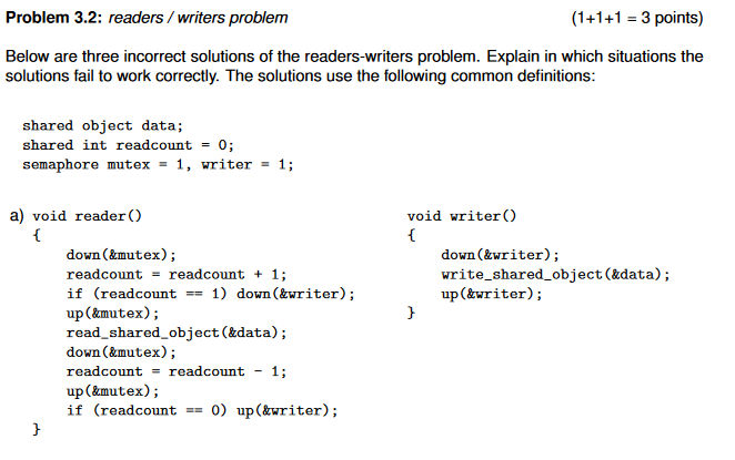 Solved Problem 3.2: readers / writers problem (1+1+1 = 3 | Chegg.com