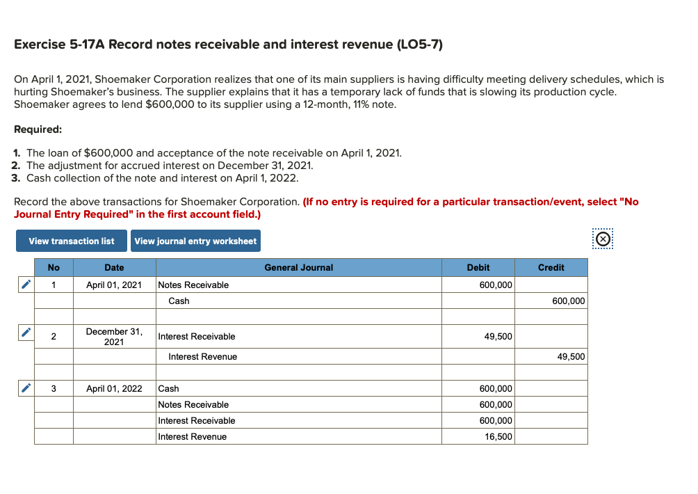 Solved Exercise 517A Record notes receivable and interest