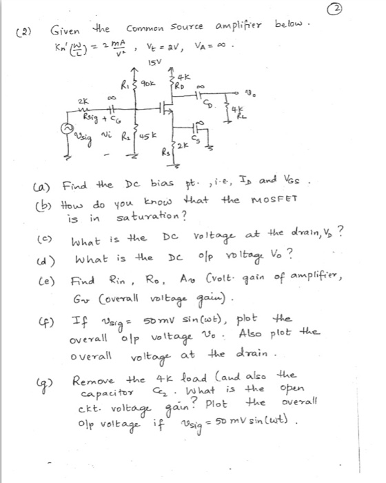 Solved Given the common source amplifier below. Kn'(w/L) = | Chegg.com
