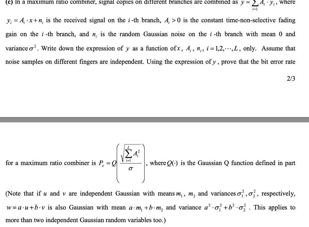 Solved (c) In a maximum ratio combiner, signal copies on | Chegg.com