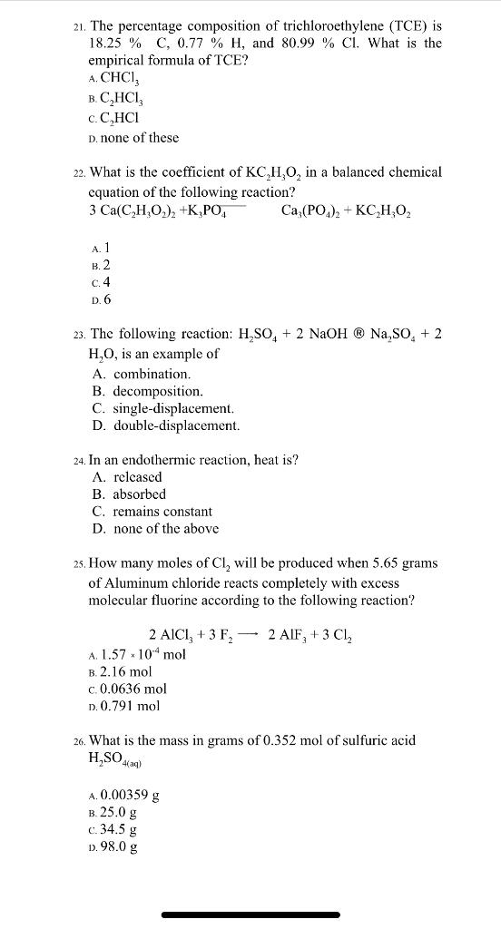 Solved 21. The percentage composition of trichloroethylene | Chegg.com