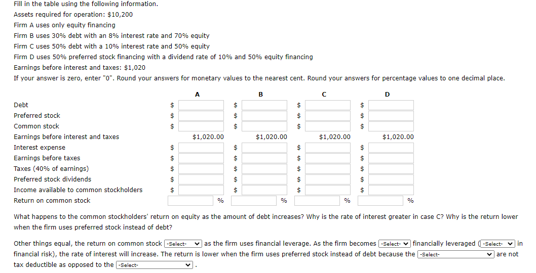 Solved Fill In The Table Using The Following Information. 