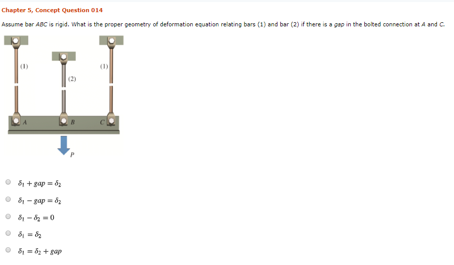 Chapter 5, Concept Question 014 Assume bar ABC is rigid. What is the proper geometry of deformation equation relating bars (1