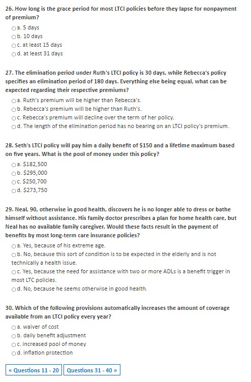 Solved 26 How Long Is The Grace Period For Most LTCI Chegg