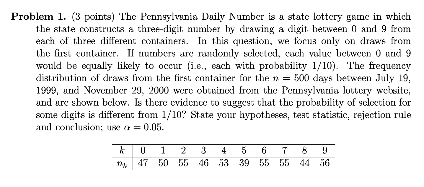 Solved Problem 1. (3 points) The Pennsylvania Daily Number