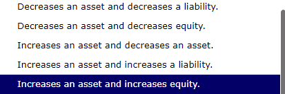 Decreases an asset and decreases a liability.
Decreases an asset and decreases equity.
Increases an asset and decreases an as