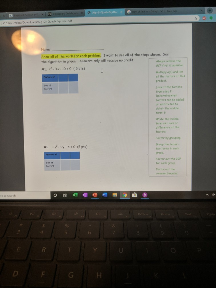 Alg 1 Und 2 Unterschied Solved New Tab G sum of factors-Googl X O Alg+2+Quad+ Eq+Rev | Chegg.com