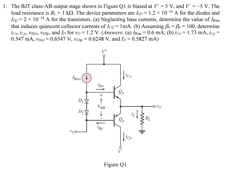 Solved The BJT Class-AB Output Stage Shown In Figure Q1 Is | Chegg.com