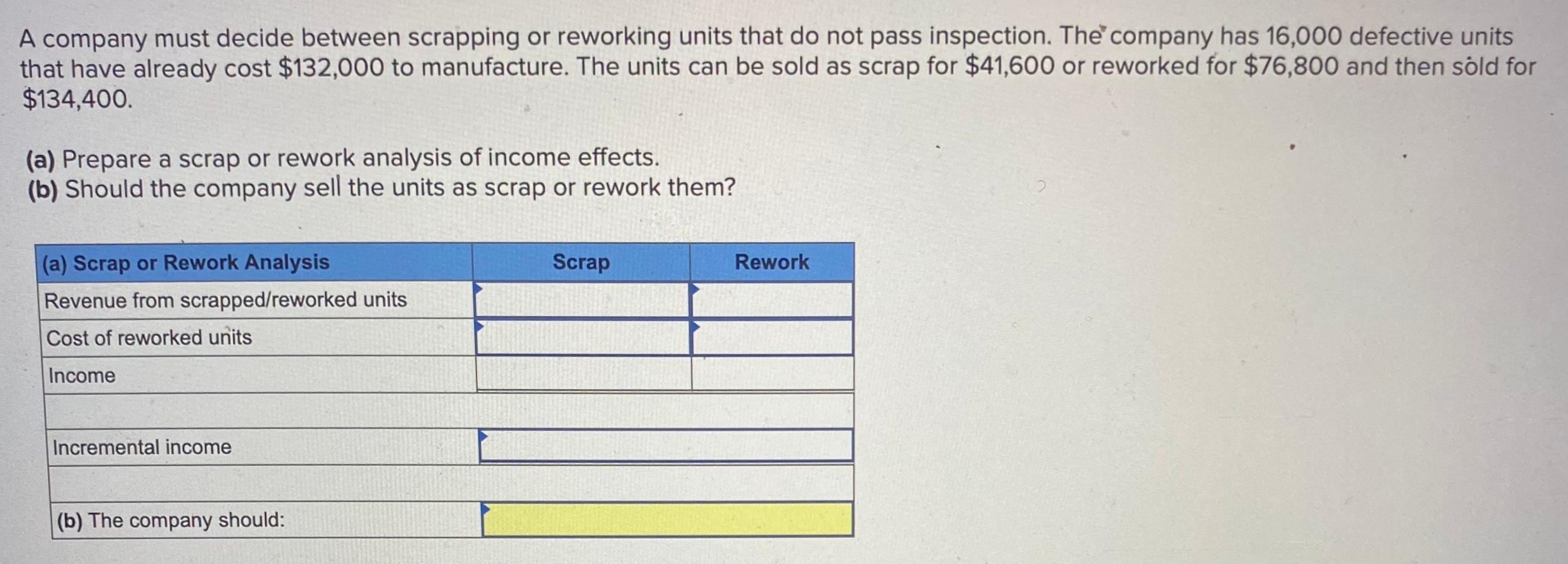 Solved A company must decide between scrapping or reworking | Chegg.com