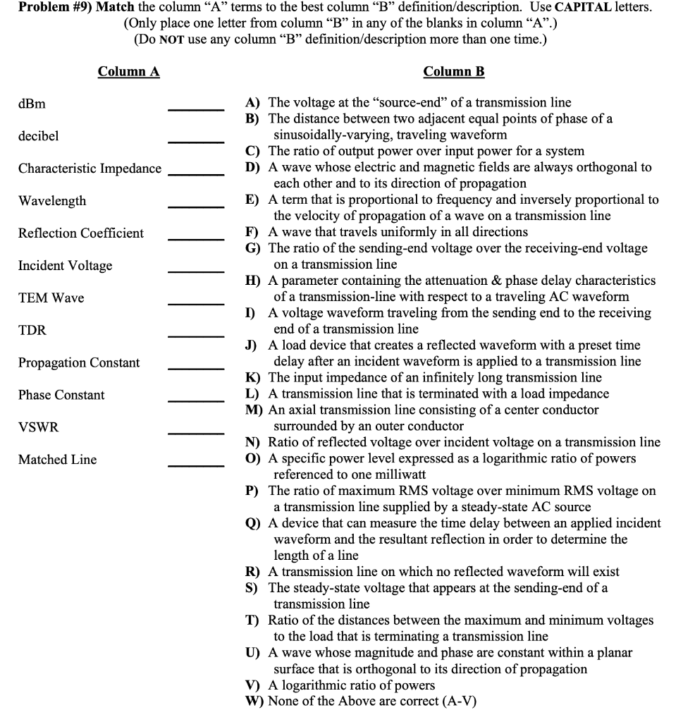 Solved Problem #9) Match the column “A” terms to the best | Chegg.com