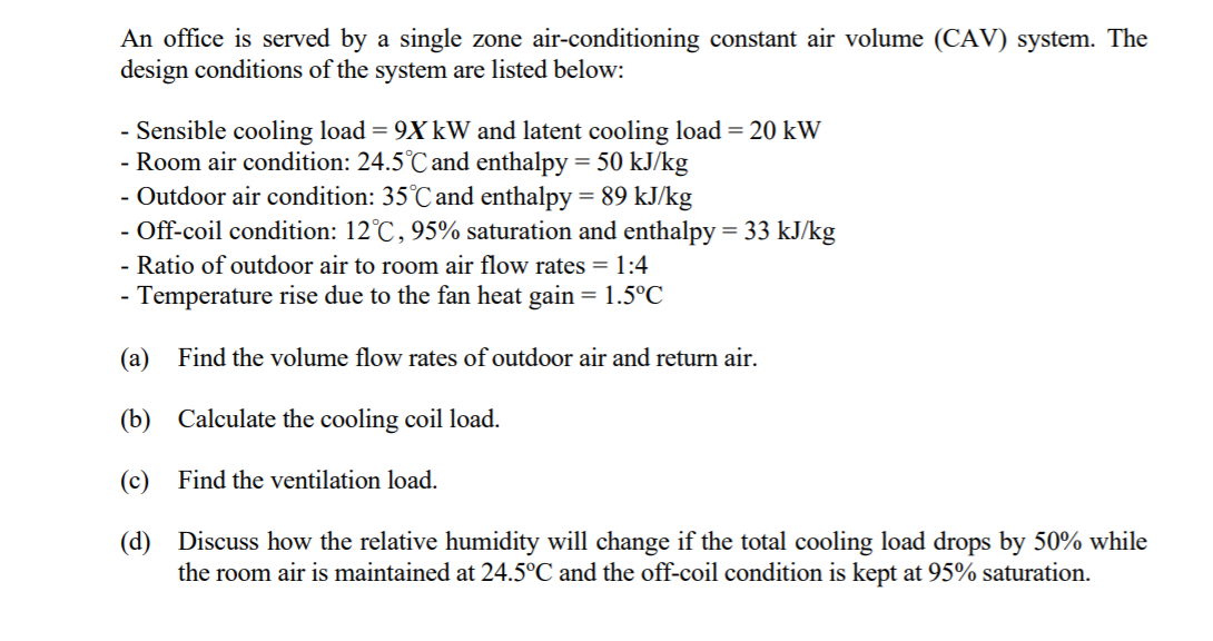 Solved An office is served by a single zone air-conditioning | Chegg.com