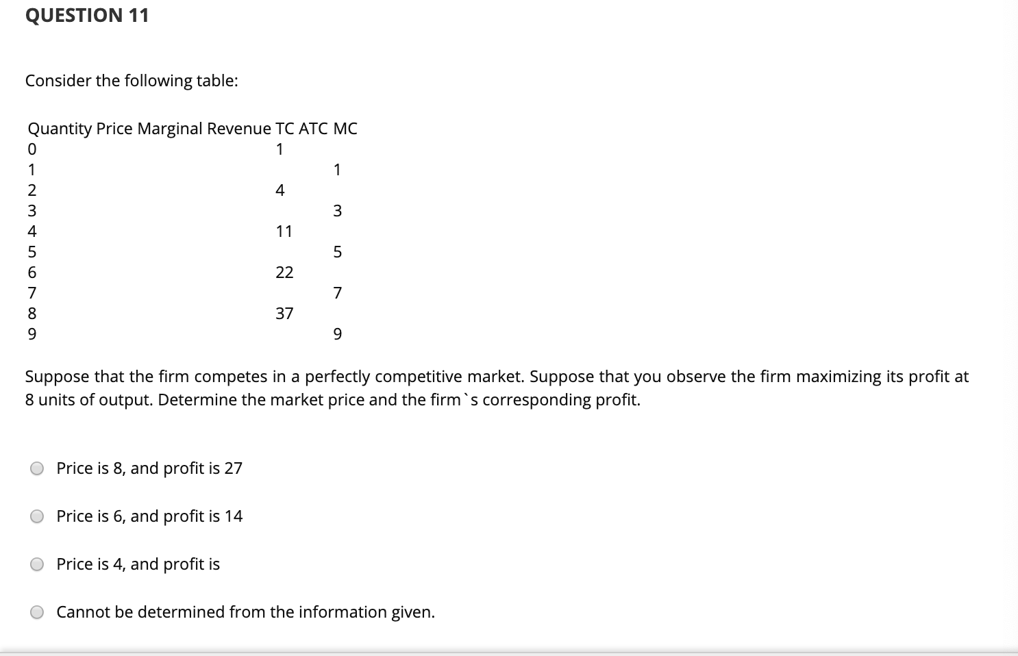 Solved QUESTION 11 Consider the following table: Quantity | Chegg.com