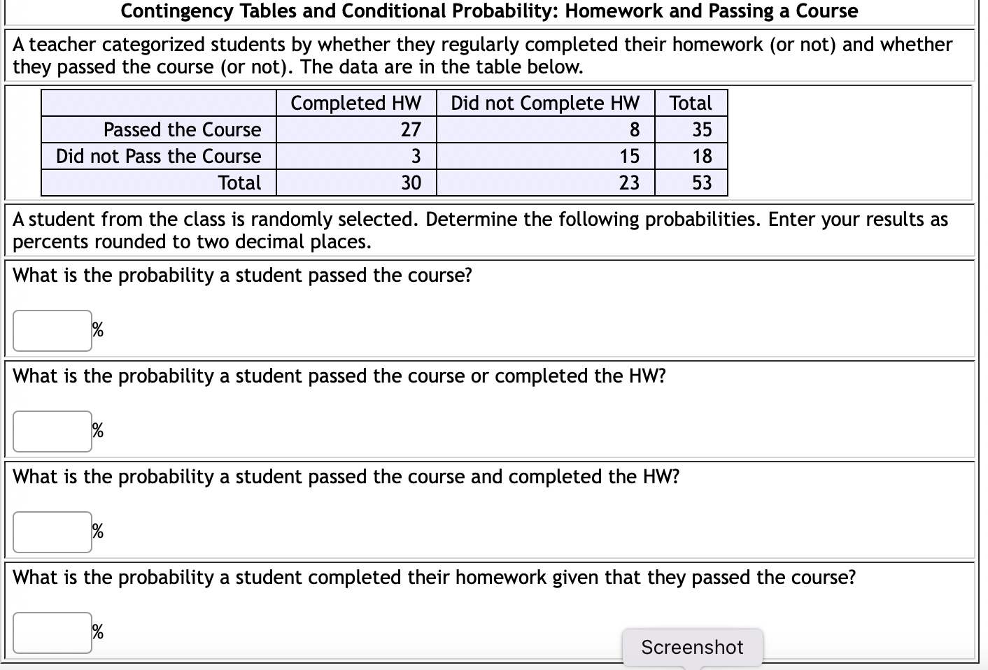 Contingency Tables and Conditional Probability: Homework and Passing a Course
A teacher categorized students by whether they 