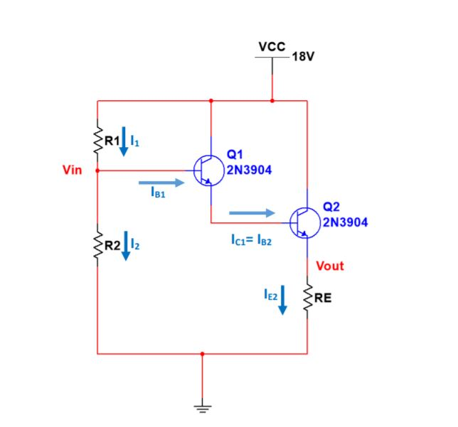 Solved VCC 18V R111 Q1 Vin 2N3904 181 Q2 2N3904 3R21 Icı= | Chegg.com