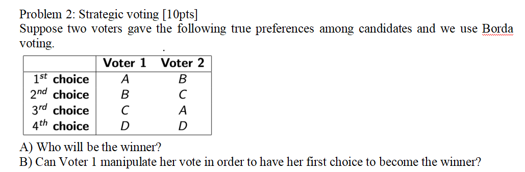 Solved Problem 2: Strategic Voting [10pts] Suppose Two | Chegg.com