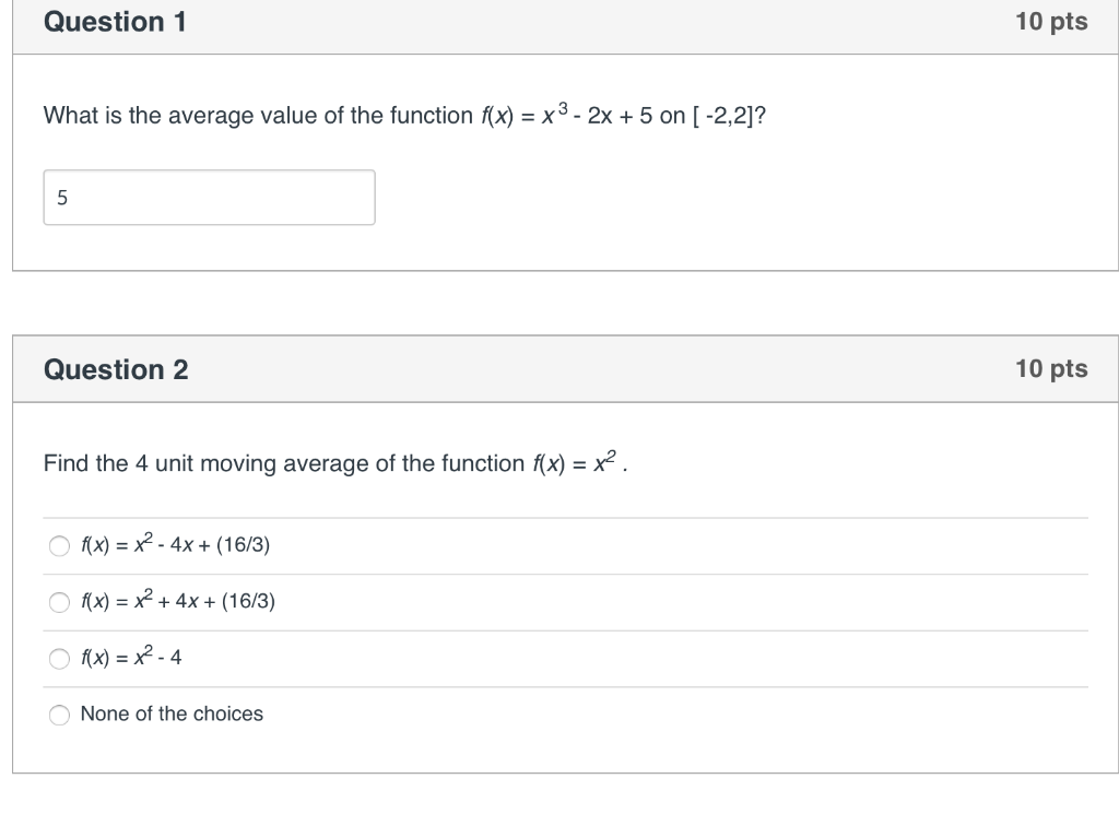 Solved Question 1 10 pts What is the average value of the | Chegg.com