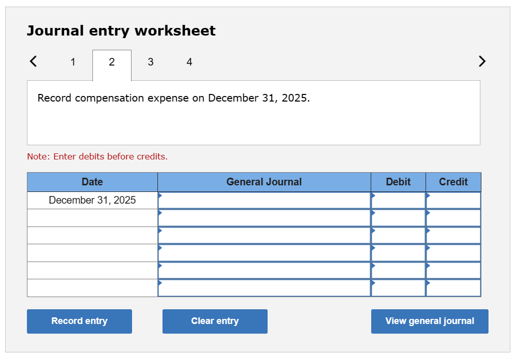 Solved Journal entry worksheet Record compensation expense | Chegg.com