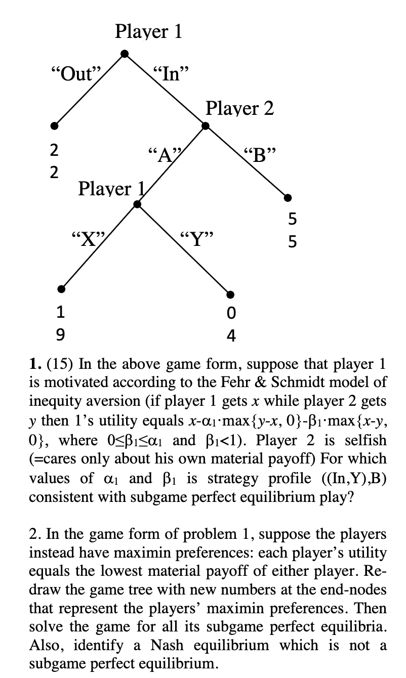 Player 1 “Out “In” Player 2 Player 1 “X” “y” 9 1. | Chegg.com