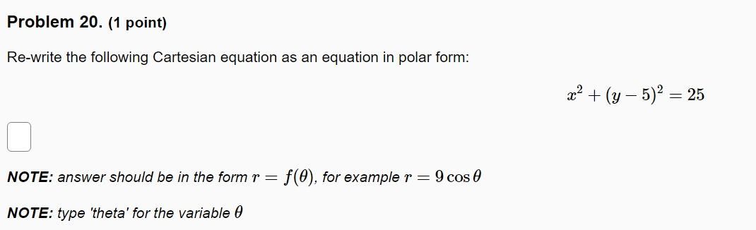 Solved Re Write The Following Cartesian Equation As An Chegg Com