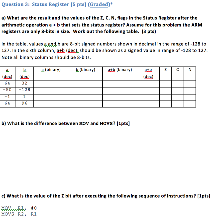 Solved Question 3: Status Register [5 pts] (Graded)* a) What | Chegg.com