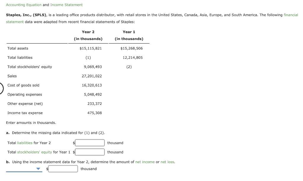 Solved Accounting Equation and Income Statement Staples, | Chegg.com
