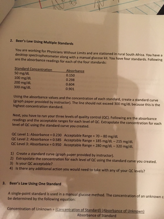 Solved 2. Beer's Law Using Multiple Standards You are