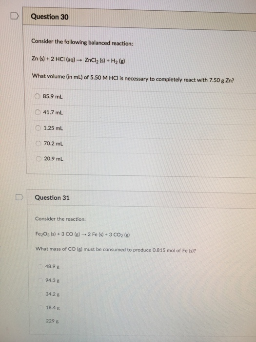 Solved Consider The Following Balanced Reaction: Zn (s) + 2 | Chegg.com