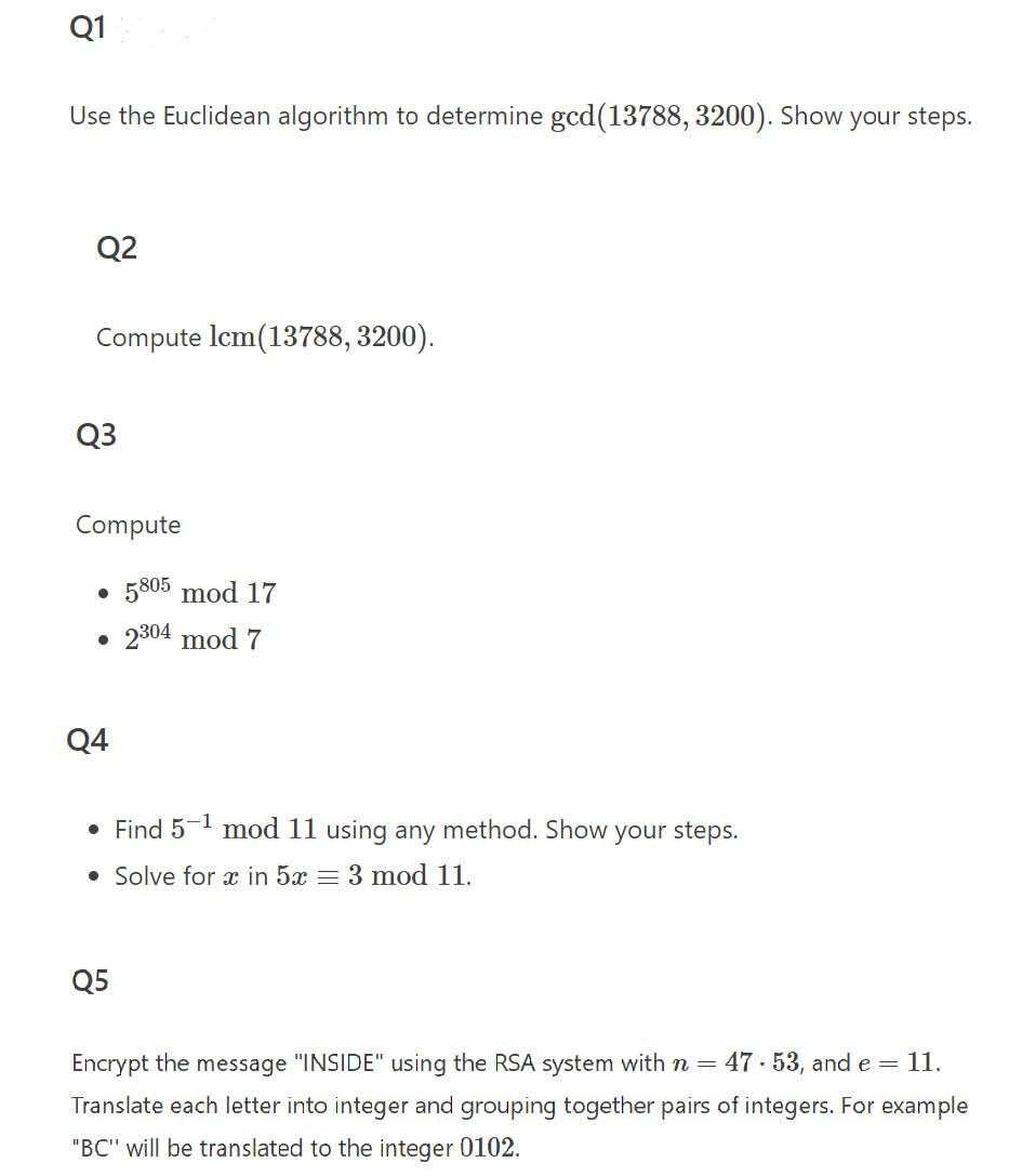 Solved Q1 Use The Euclidean Algorithm To Determine | Chegg.com