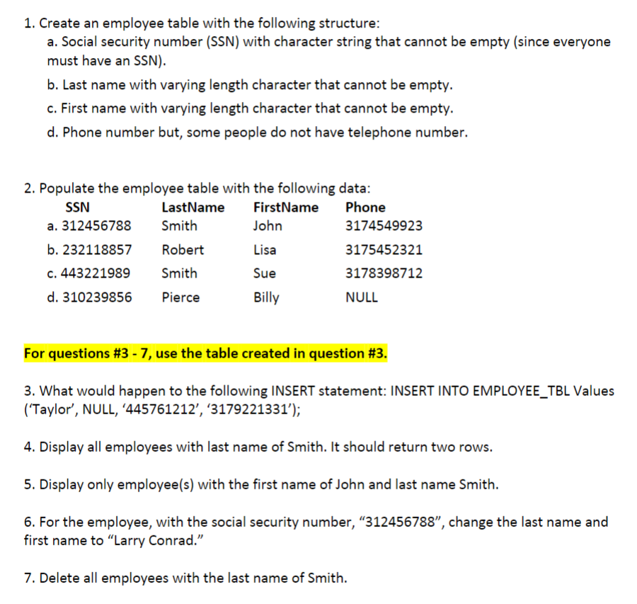 solved-1-create-an-employee-table-with-the-following-chegg