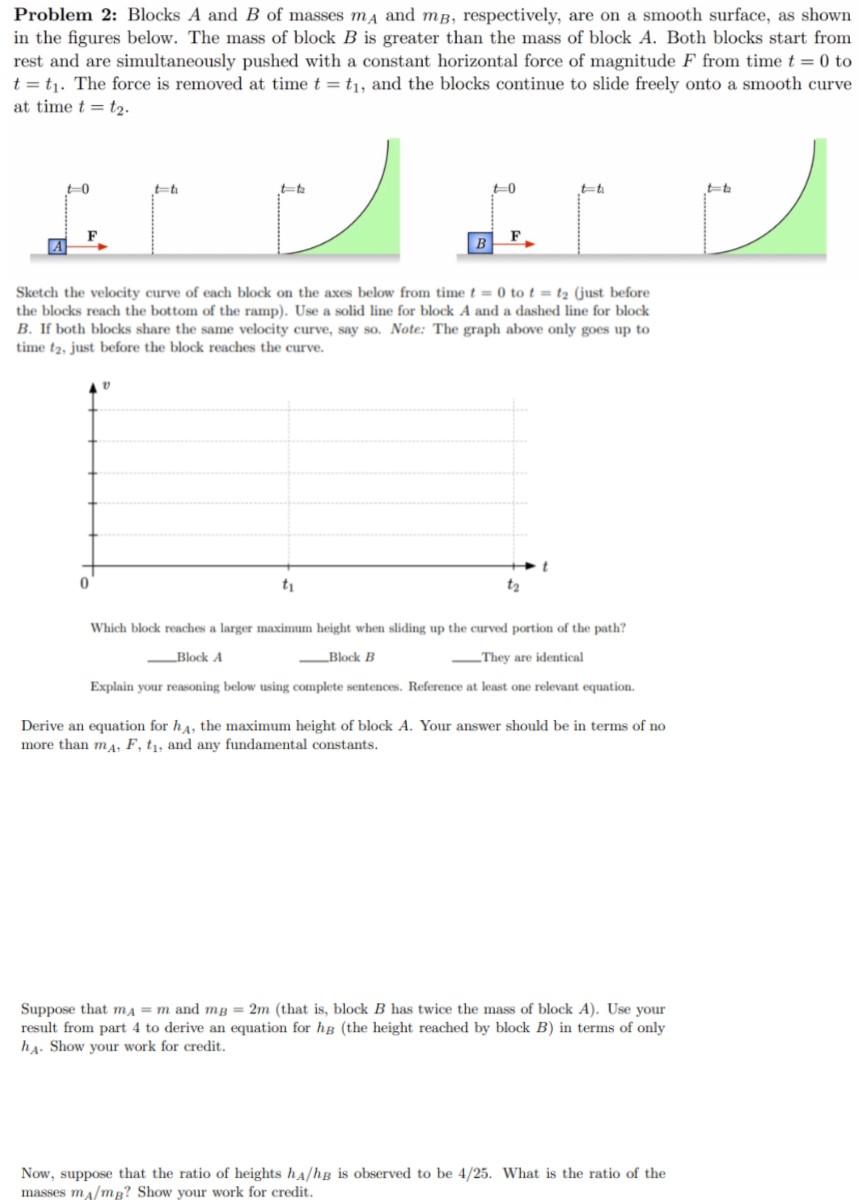 Solved Problem 2: Blocks A and B of masses mA and mB, | Chegg.com