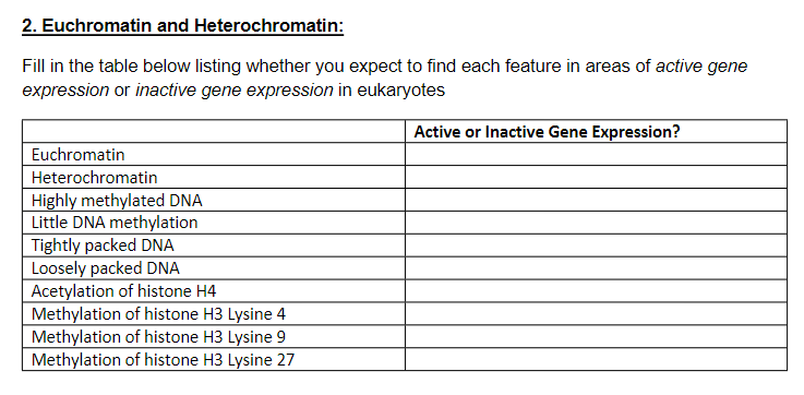 Solved 2. Euchromatin and Heterochromatin: Fill in the table | Chegg.com