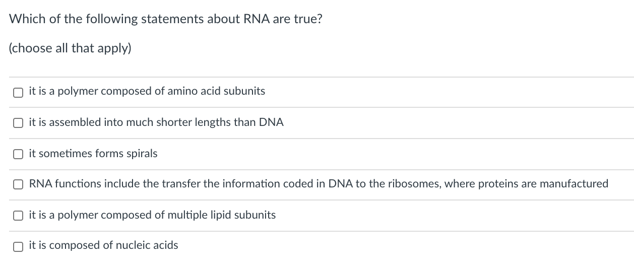 Solved Which of the following statements about RNA are true? | Chegg.com