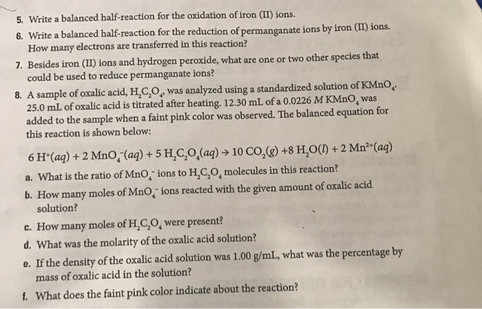 Solved 5 Write A Balanced Half Reaction For The Oxidation 0157