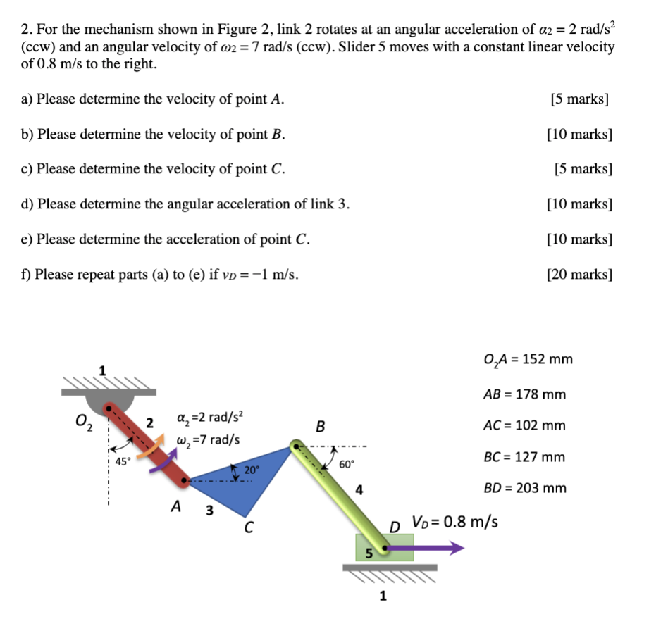 2. For the mechanism shown in Figure 2 , link 2 rotates at an angular acceleration of \( \alpha_{2}=2 \mathrm{rad} / \mathrm{