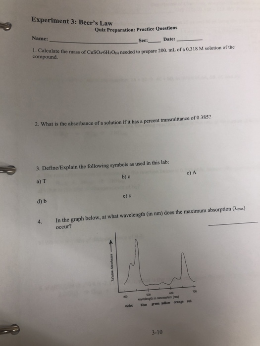 Solved Experiment 3 Beer's Law Quiz Preparation Practice