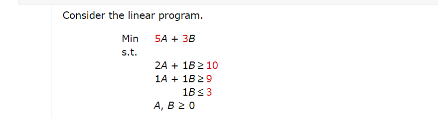 Solved Consider the linear program. 5A + 3B Min s.t. 2A + 1B | Chegg.com