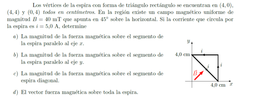 Los vértices de la espira con forma de triángulo rectángulo se encuentran en \( (4,0) \), \( (4,4) \) y \( (0,4) \) todos en