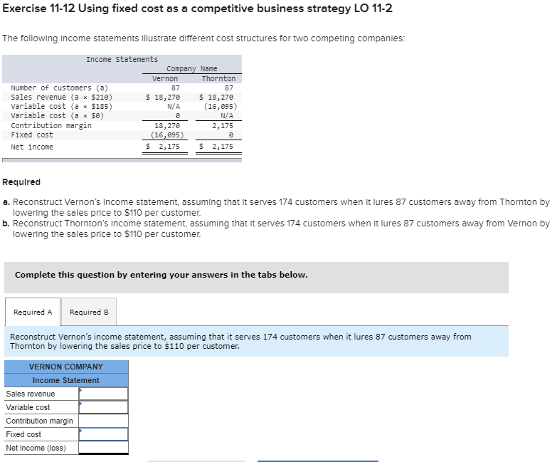 Solved Exercise 11-12 Using fixed cost as a competitive | Chegg.com