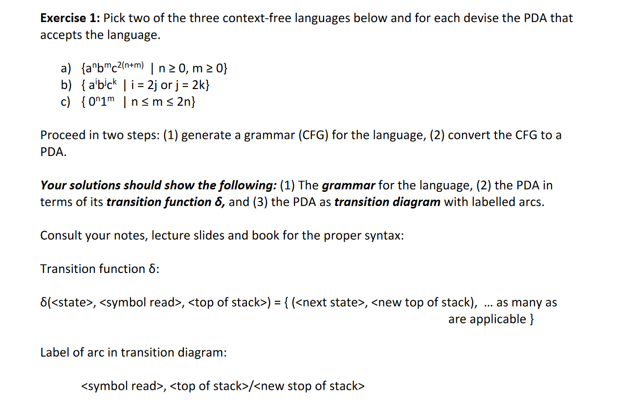 Solved Exercise 1: Pick two of the three context-free | Chegg.com