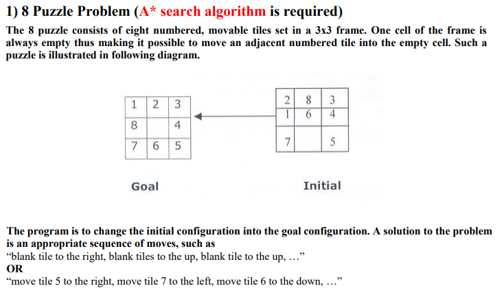 Solved 1) 8 Puzzle Problem (A* search algorithm is required) | Chegg.com
