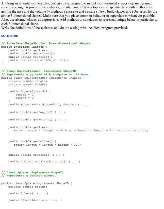 Solved 1. Using an inheritance hierarchy, design a Java | Chegg.com