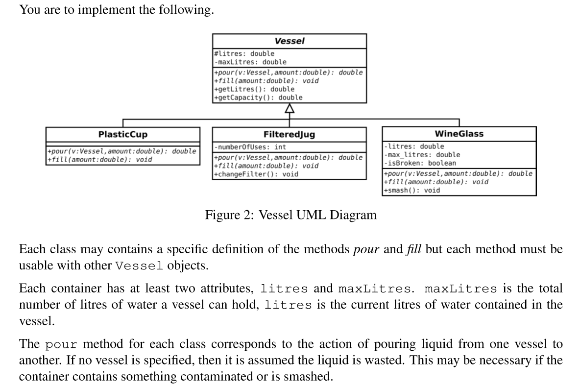 You are to implement the following. Vessel #litres: double -maxLitres: double +pour(v: Vessel, amount : double): double +fill