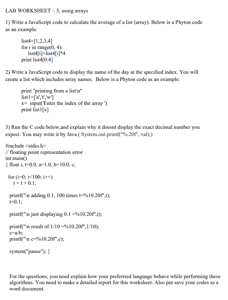 Solved Lab Worksheet – 5, Using Arrays 1) Write A Javascript | Chegg.Com