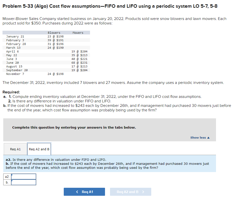 Problem \( 5-33 \) (Algo) Cost flow assumptions-FIFO and LIFO using a periodic system LO \( 5-7,5-8 \)
Mower-Blower Sales Com