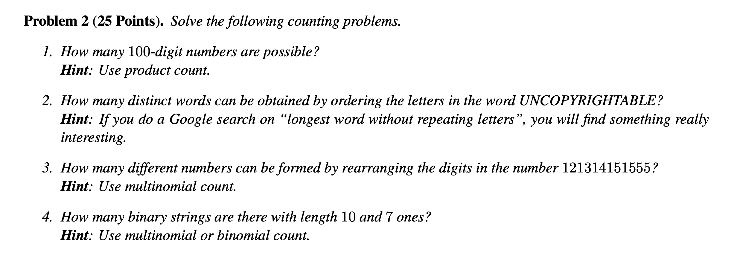 Solved Problem 2 (25 Points). Solve the following counting | Chegg.com