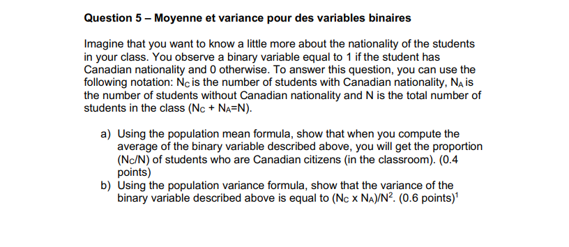 Solved Question 5 - Moyenne et variance pour des variables | Chegg.com