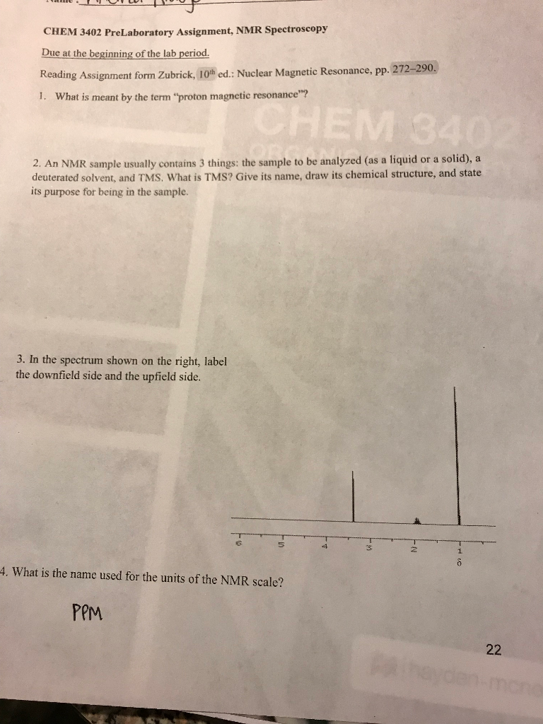Solved CHEM 3402 PreLaboratory Assignment, NMR Spectroscopy